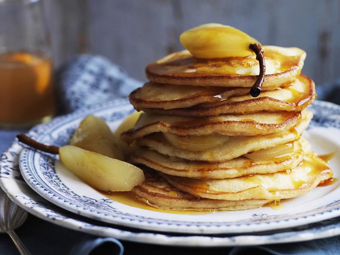 **[Buttermilk pancakes with poached pears](https://www.womensweeklyfood.com.au/recipes/buttermilk-pancakes-with-poached-pears-8125|target="_blank")**

Thrill the family this weekend with a giant stack of these delicious autumnal pancakes.