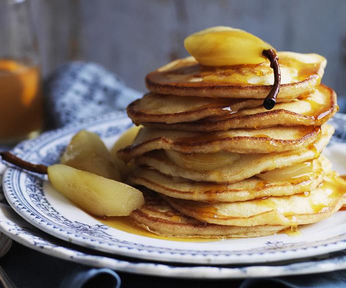 buttermilk pancakes with poached pears
