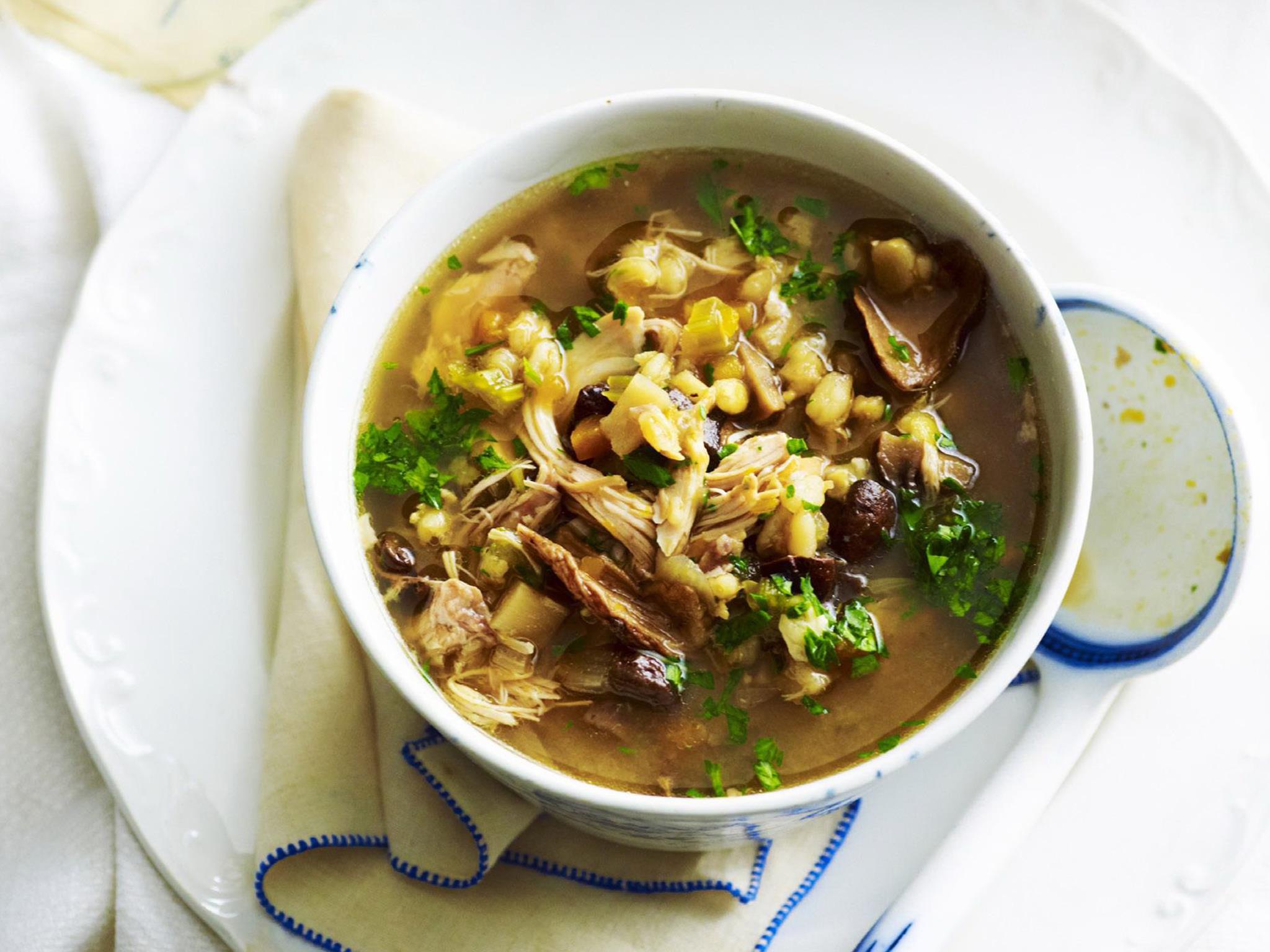 This slow-cooker chicken, porcini and barley soup works best with meat on the bone.