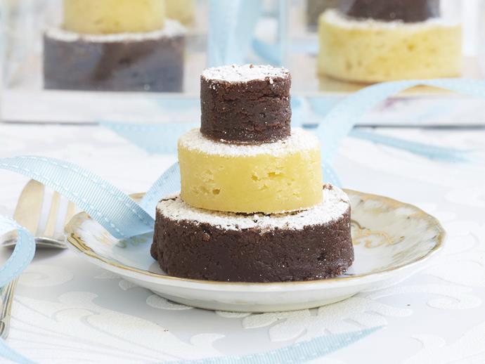 **[Brownie and blondie mini wedding cakes](https://www.womensweeklyfood.com.au/recipes/brownie-and-blondie-mini-wedding-cakes-7858|target="_blank")**

These miniature wedding cakes would make a lovely gift to hand around to friends at a bridal shower or engagement party.