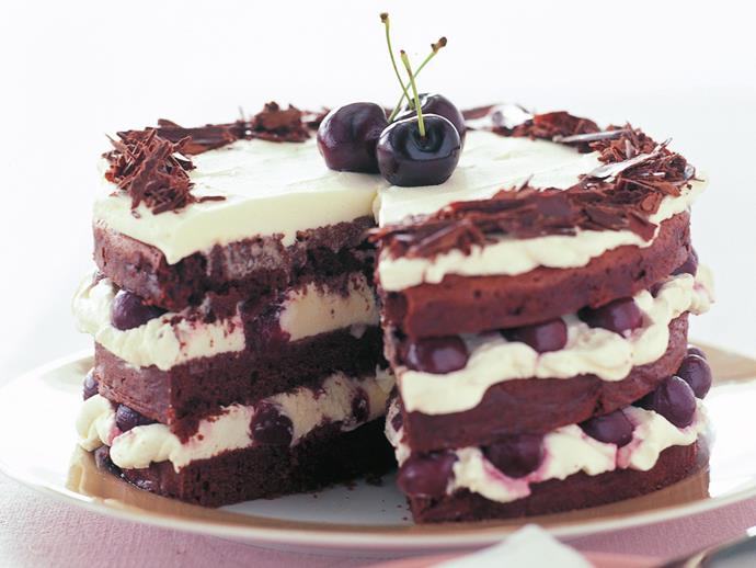 **[Black forest cake](https://www.womensweeklyfood.com.au/recipes/black-forest-cake-28519|target="_blank")**

Layers of rich chocolate cake with cherries, kirsch, and whipped cream create a truly indulgent dessert.