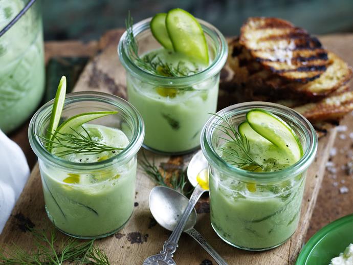 **[Chilled cucumber soup with whipped feta toasts](https://www.womensweeklyfood.com.au/recipes/chilled-cucumber-soup-with-whipped-feta-toasts-16345|target="_blank")**

Sharp and tasty whipped feta toasts make a wonderful contrast to this cool, mild chilled cucumber soup.
