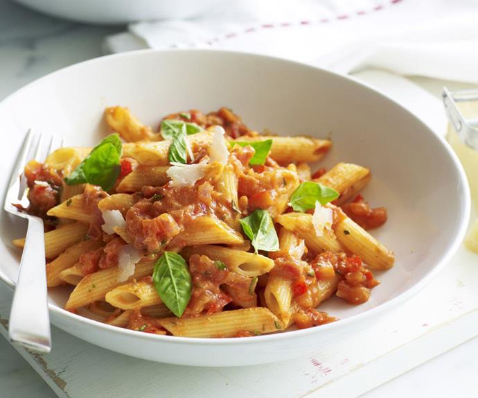 penne with vegetable bolognese and ricotta sauce