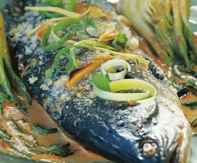 Salt-crusted barramundi on baby buk choy with red curry sauce