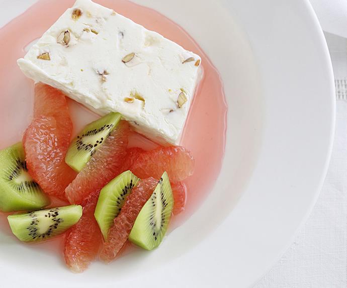 nougat parfait with ruby red grapefruit syrup