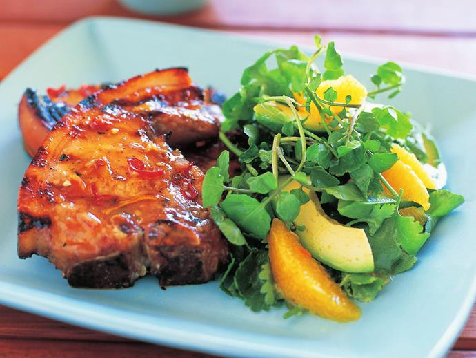 **[Margarita-marinated pork chops with orange and watercress salad](https://www.womensweeklyfood.com.au/recipes/margarita-marinated-pork-chops-with-orange-and-watercress-salad-5976|target="_blank")**

A light and summery salad with sweet and spicy margarita-infused pork chops.