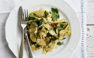 barbecued potato salad with artichoke hearts in creamy mustard dressing