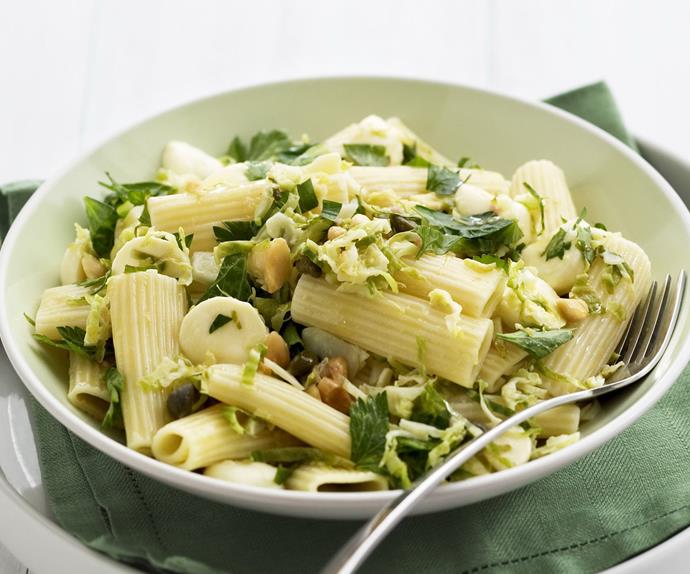 pasta salad with fried sprouts,bocconcini and almonds