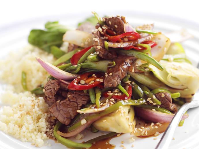 **[Sesame beef stir-fry](https://www.womensweeklyfood.com.au/recipes/sesame-beef-stir-fry-5677|target="_blank")**

Super fast and easy Asian beef stir-fry topped with crunchy sesame seeds.