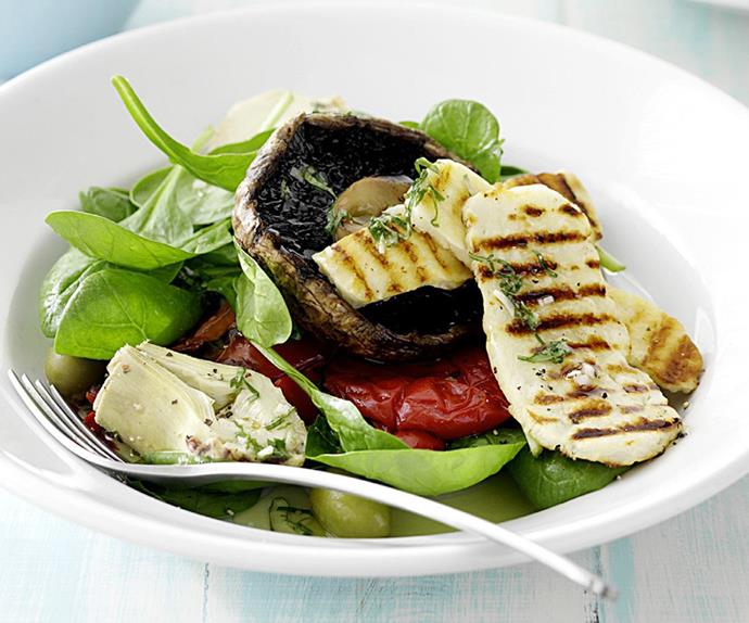 Barbecued vegetables and haloumi with lemon basil dressing