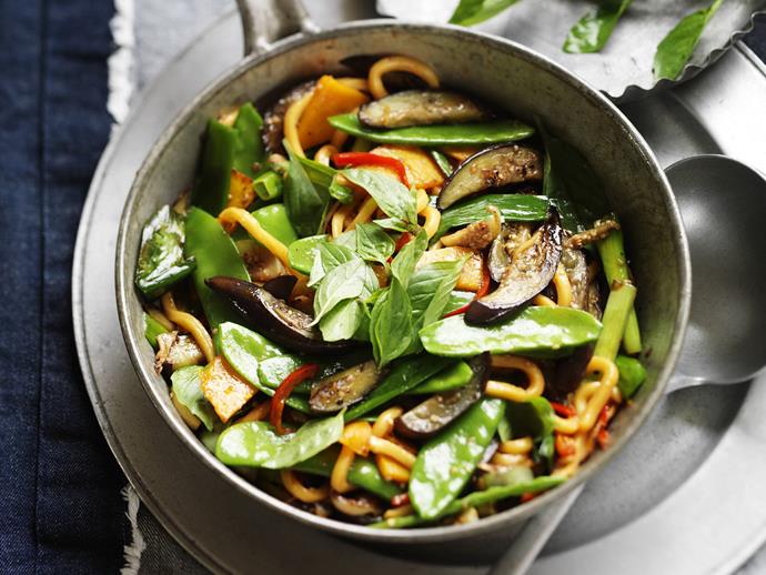 **[Pumpkin and eggplant with chilli and Thai basil](https://www.womensweeklyfood.com.au/recipes/pumpkin-and-eggplant-with-chilli-and-thai-basil-13074|target="_blank")**

Stir-fried pumpkin and eggplant with noodles, spiced with chilli and Thai basil, makes a fabulous meat-free dinner.