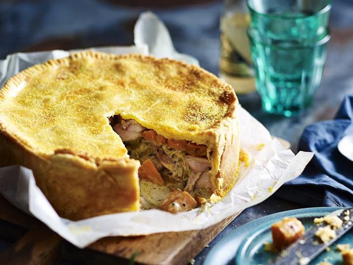[Chicken and tarragon pie with polenta crust](https://www.womensweeklyfood.com.au/recipes/chicken-and-tarragon-pie-with-polenta-crust-13223|target="_blank")