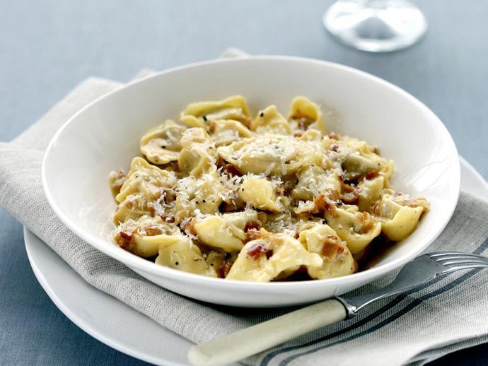 A rich and very simple [carbonara](https://www.womensweeklyfood.com.au/recipes/carbonara-13239|target="_blank"); an Italian pasta sauce from Rome based on eggs, cheese, bacon, and black pepper.