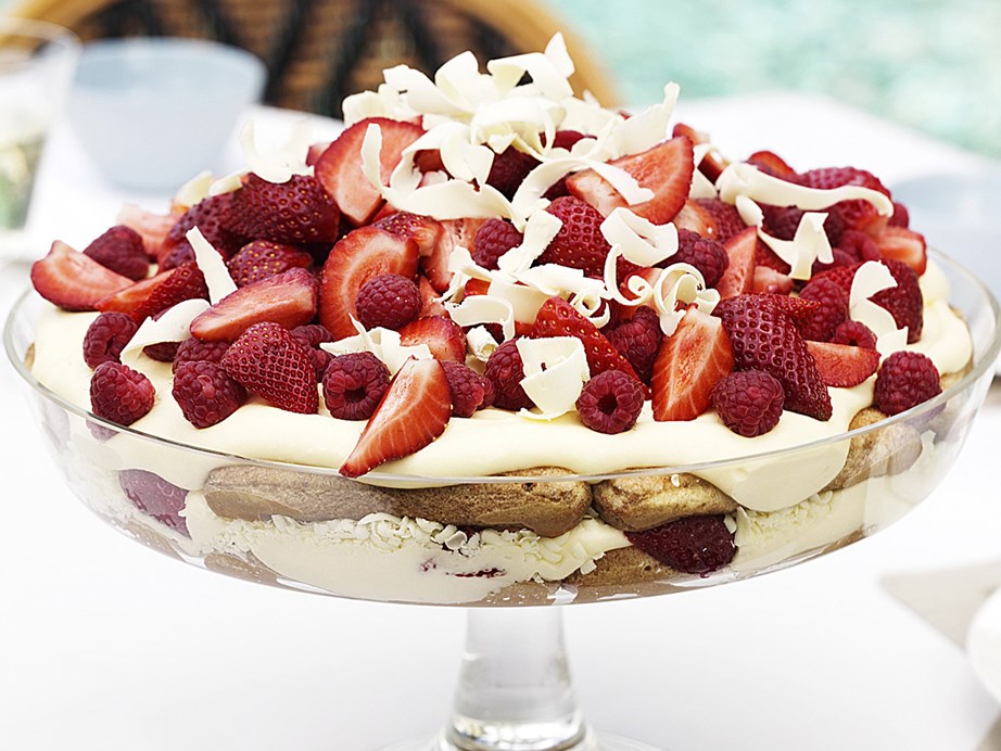**[White chocolate, Irish cream and berry trifle](https://www.womensweeklyfood.com.au/recipes/white-chocolate-irish-cream-and-berry-trifle-15481|target="_blank")**
Topped with strawberries, raspberries and white chocolate curls, this Irish cream and berry trifle is a triumph. Creamy, fruity and spiked with alcohol, it's a celebration in a dish.