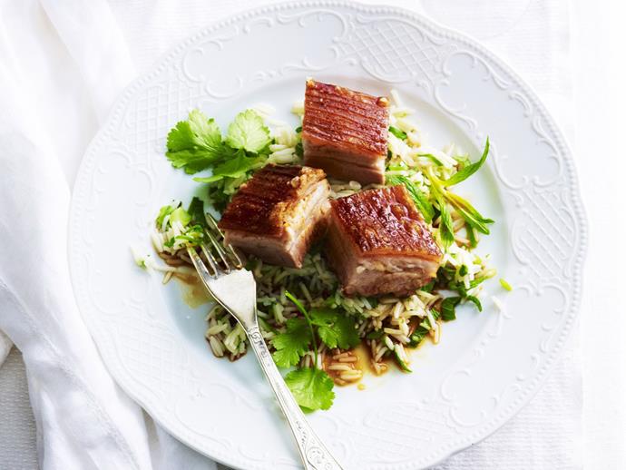**Twice-cooked Asian pork belly with steamed ginger rice**
<br><br>
Twice-cooked asian pork belly with steamed ginger rice from Australian Women's Weekly.
<br><br>
[**Read the full recipe here**](https://www.womensweeklyfood.com.au/recipes/twice-cooked-asian-pork-belly-with-steamed-ginger-rice-12870|target="_blank")