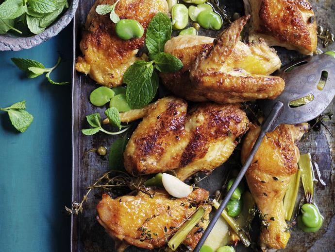 **[Roast chicken with broad beans and lemon](https://www.womensweeklyfood.com.au/recipes/roast-chicken-with-broad-beans-and-lemon-5280|target="_blank")**

Roast chicken pairs beautifully with the flavours of lemon and mint while the broad beans add a touch of green.