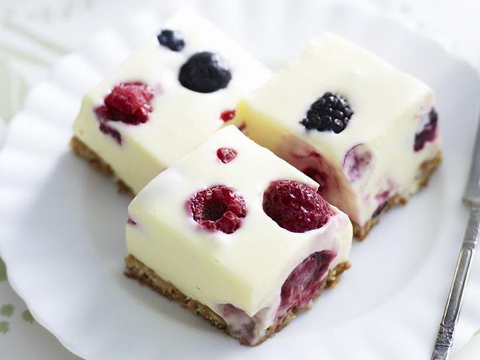 **[White chocolate and berry cheesecake slice](https://www.womensweeklyfood.com.au/recipes/white-chocolate-and-berry-cheesecake-slice-12938|target="_blank")**

There's something perfect about the pairing of berries and white chocolate, a flavour combination that turns this cheesecake slice into something special.