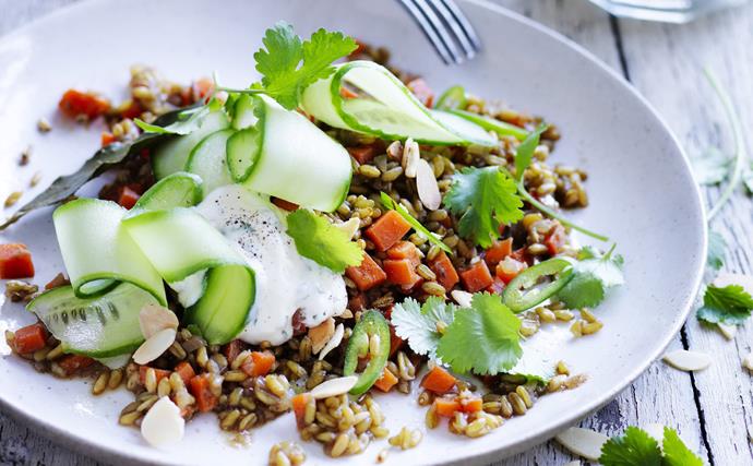 spiced freekeh with cucumber and garlic minted yoghurt