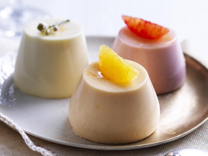 **[Trio of orange panna cotta](https://www.womensweeklyfood.com.au/recipes/trio-of-orange-panna-cotta-12445|target="_blank")**

We used organic orange blossoms, but you can use any small flower you like. The bold purple of organic violas looks striking against the pale orange panna cotta.