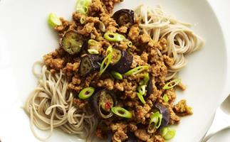 Soba noodles with pork, eggplant and chilli