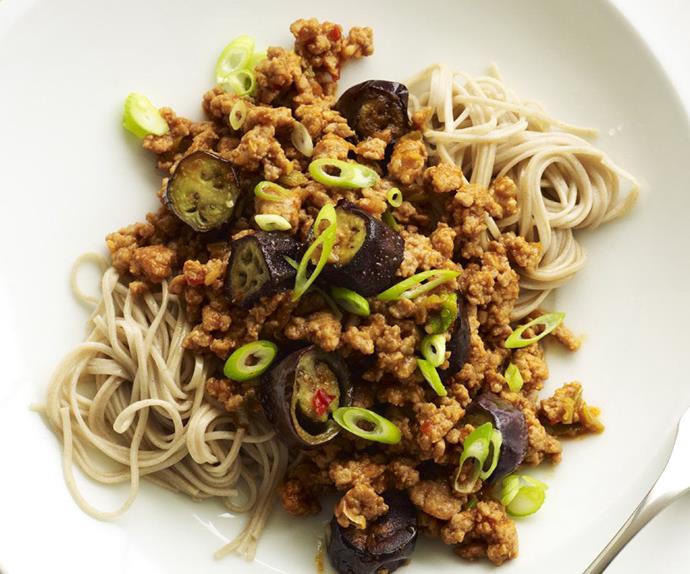 Soba noodles with pork, eggplant and chilli