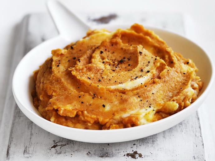 [Kumara (orange sweet potato) mash](https://www.womensweeklyfood.com.au/recipes/kumara-mash-12201|target="_blank") is a great potato mash substitute. Lighter in carbohydrates and slightly sweeter than potato mash - but a similar consistency so holds up well with casseroles or as a pie topping.