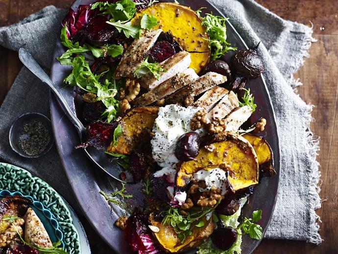 **Warm chicken, labne and maple walnut salad**
<br><br>
This delicious salad is substantial enough to sit on its own as a main dish.
<br><br>
[**Read the full recipe here**](https://www.womensweeklyfood.com.au/recipes/warm-chicken-labne-and-maple-walnut-salad-11891|target="_blank")