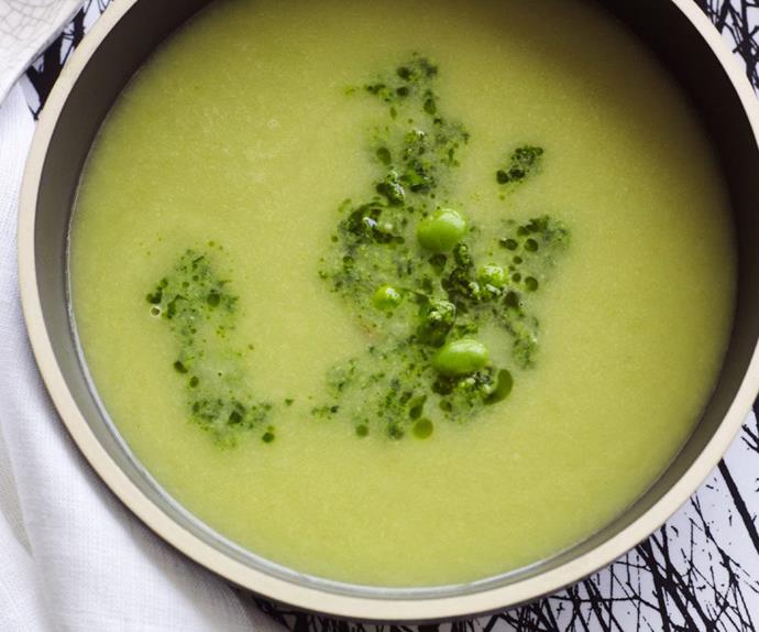Soya bean and asparagus soup with mizuna pesto