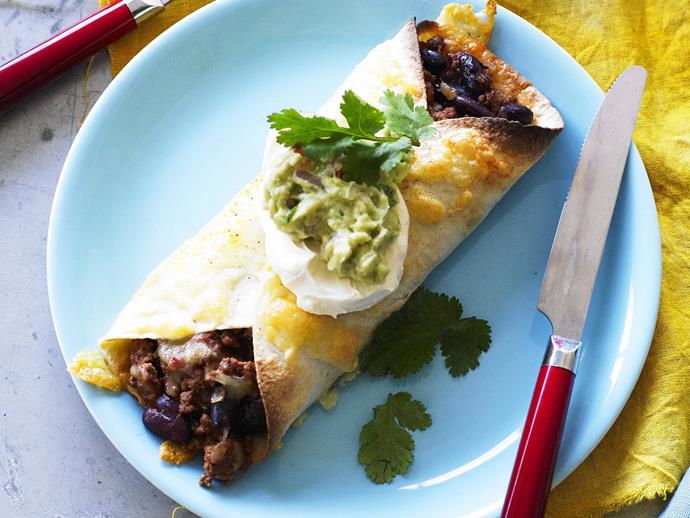 [Beef burritos](http://www.womensweeklyfood.com.au/recipes/beef-burritos-15577|target="_blank") are a classic Mexican dish, best topped with sour cream and guacamole. You could also substitute the meat for pork, chicken, or even fish.