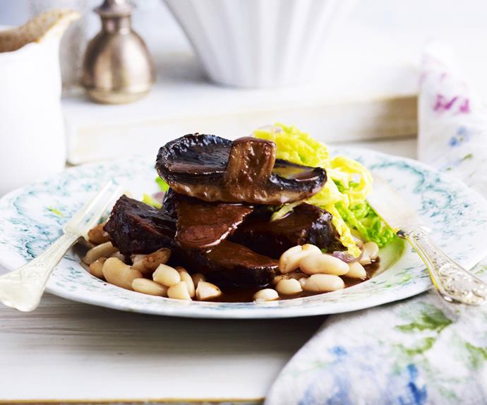 beef cheeks with mushrooms and braised cabbage