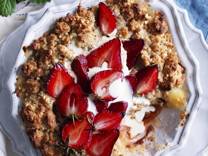 The beauty of the [crumble](https://www.womensweeklyfood.com.au/recipes/apple-strawberry-and-rosemary-crumble-11650|target="_blank") is in its rustic look. There's no need to take too much care with the crumble topping, whichever way you toss it onto the delicious fruit, it will brown up and look so good when running with rivers of cream.