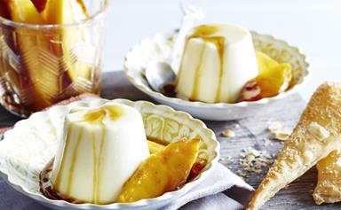 Coconut panna cotta with mango and coconut wafers