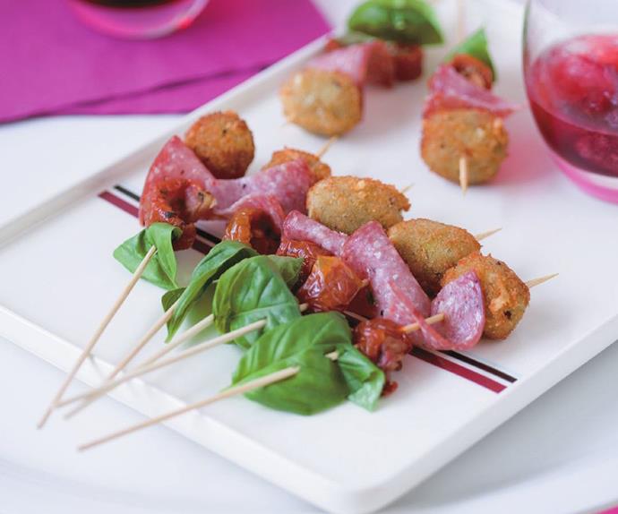 deep-fried olive, tomato and salami skewers