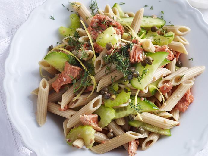 This [salmon pasta salad](https://www.womensweeklyfood.com.au/recipes/salmon-pasta-salad-4477|target="_blank") comes together in a flash thanks to fresh ingredients and canned salmon so you can get a delicious dinner on the table in no time.