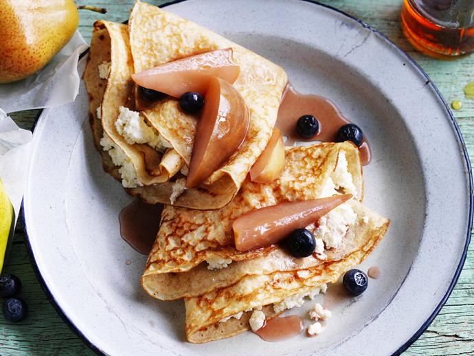 **[Spelt crepes with poached pear and blueberries](https://www.womensweeklyfood.com.au/recipes/spelt-crepes-with-poached-pear-and-blueberries-4499|target="_blank")**