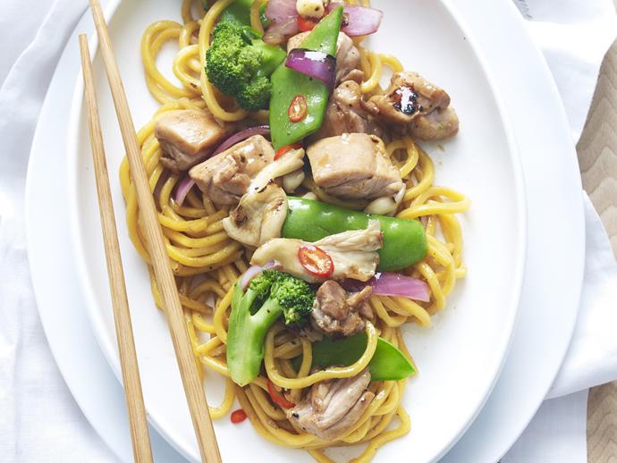 **[Chicken, noodle and mushroom stir-fry](https://www.womensweeklyfood.com.au/recipes/chicken-noodle-and-mushroom-stir-fry-10710|target="_blank")**