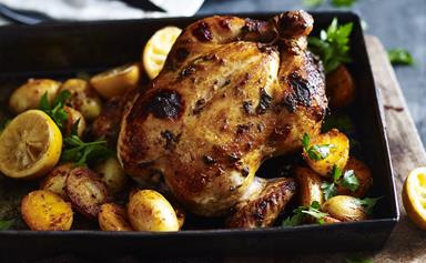 Honey-roasted chicken with spicy fried potatoes