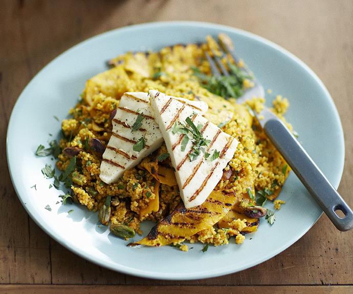 Pumpkin and pistachio couscous with grilled haloumi
