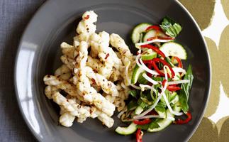 chilli squid with mint and bean sprout salad