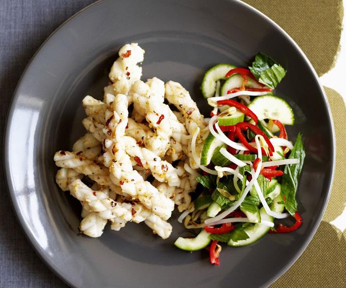 chilli squid with mint and bean sprout salad