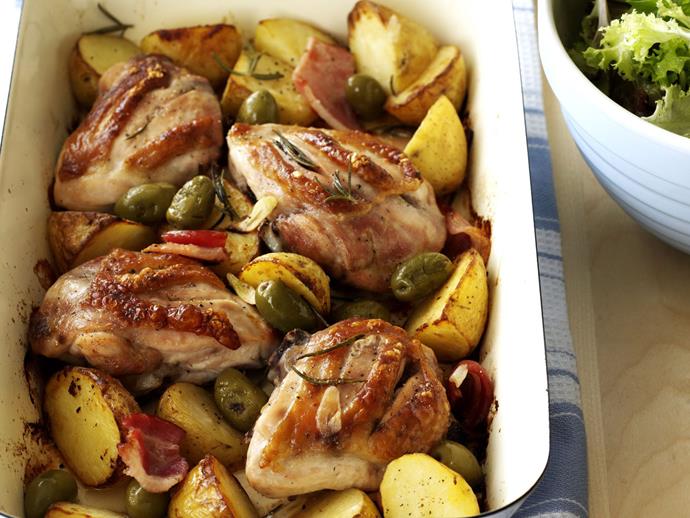 **[Roast chicken with garlic potatoes and rosemary](https://www.womensweeklyfood.com.au/recipes/roast-chicken-with-garlic-potatoes-and-rosemary-9906|target="_blank")**

Using thigh cutlets in this way rather than the whole bird shortens the roasting time. The thigh is also the most succulent and flavoursome part of the chicken.