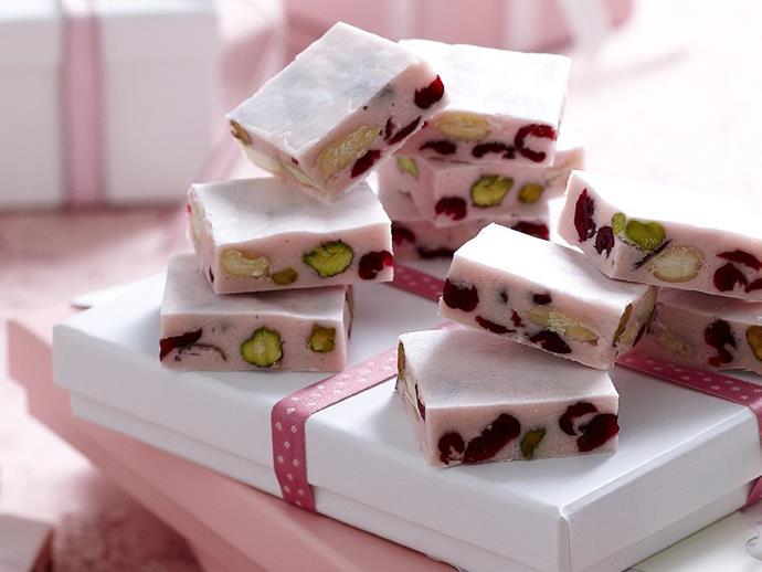 Nougat recipes often require candy thermometers and exact cooking temperatures; this [cranberry and nut version](https://www.womensweeklyfood.com.au/recipes/cranberry-and-nut-nougat-15111|target="_blank") is much simpler. It also has a pretty stained glass effect and makes a lovely gift.