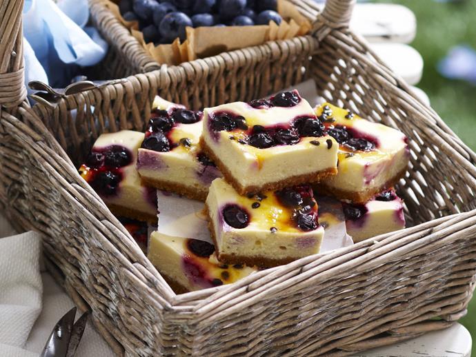 **[Blueberry passionfruit cheesecake squares](https://www.womensweeklyfood.com.au/recipes/blueberry-passionfruit-cheesecake-squares-9667|target="_blank")**