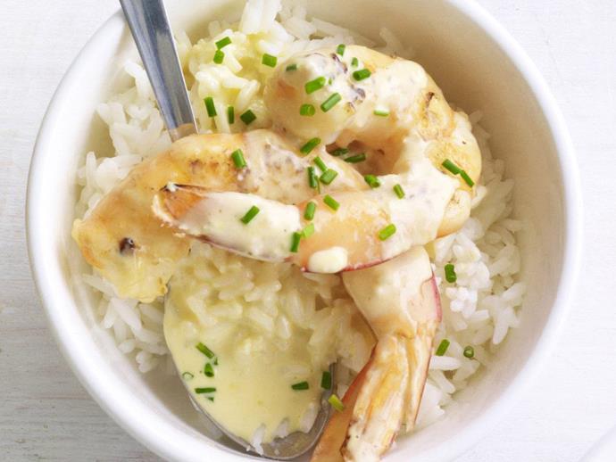 **[Garlic prawns with steamed rice](https://www.womensweeklyfood.com.au/recipes/garlic-prawns-with-steamed-rice-9754|target="_blank")**

Fried prawns served in creamy garlic and white wine sauce on a bed of steamed rice.