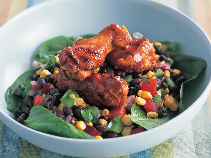 **[Sweet soy drumettes with black bean salad](https://www.womensweeklyfood.com.au/recipes/sweet-soy-drumettes-with-black-bean-salad-3922|target="_blank")**