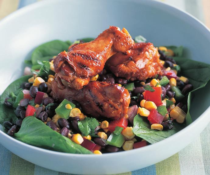 sweet soy drumettes with black bean salad