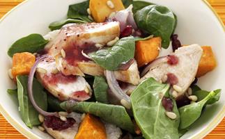 chicken, roasted kumara, cranberry and spinach salad