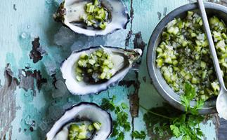 oysters with cucumber and shallot salad