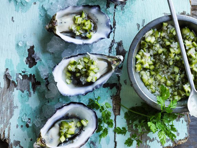**[Oysters with cucumber and shallot salad](https://www.womensweeklyfood.com.au/recipes/oysters-with-cucumber-and-shallot-salad-9481|target="_blank")**
