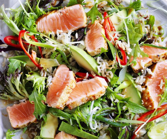seared wasabi salmon and brown rice salad